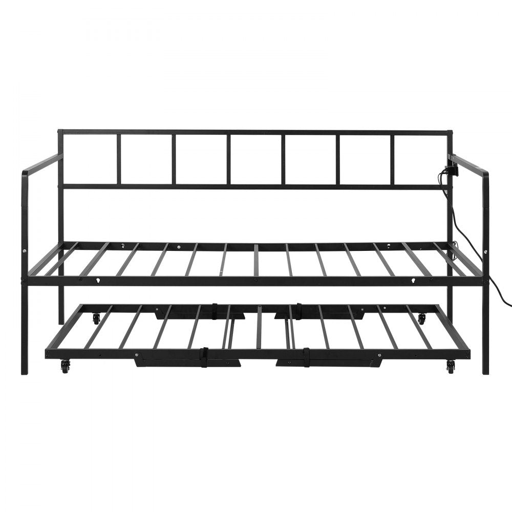 VEVOR Twin Daybed with Pop Up Trundle Metal Charging Station LED Light, for Living Room Bedroom Guest Room, Heavy Duty Twin Size Sofa Day Bed Frame, Height Adjustable, with Lockable Casters, Black