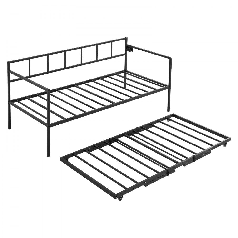 VEVOR Twin Daybed with Pop Up Trundle Metal Charging Station LED Light, for Living Room Bedroom Guest Room, Heavy Duty Twin Size Sofa Day Bed Frame, Height Adjustable, with Lockable Casters, Black