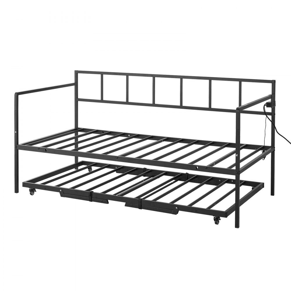 VEVOR Twin Daybed with Pop Up Trundle Metal Charging Station LED Light, for Living Room Bedroom Guest Room, Heavy Duty Twin Size Sofa Day Bed Frame, Height Adjustable, with Lockable Casters, Black