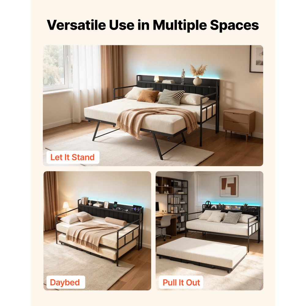 VEVOR Twin Daybed with Pop Up Trundle Bed Frame Charging Station LED Light, for Living Room Bedroom Guest Room, Heavy Duty Sofa Day Bed with Storage Headboard, 4 Casters, Height Adjustable, Black