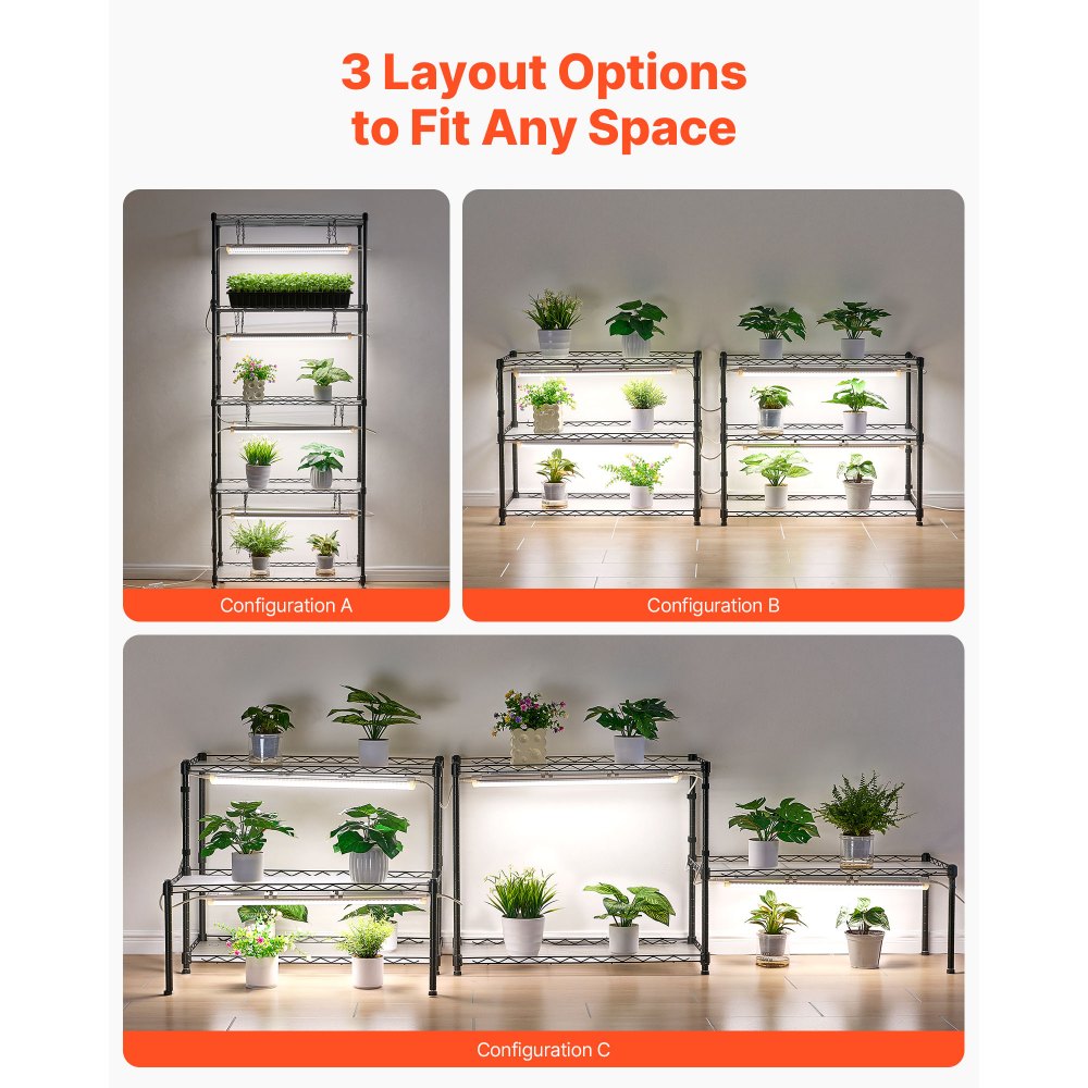 VEVOR DIY Plant Shelf with Grow Lights, 71 in Tall Indoor Plant Stand with Wheels, 192W 5000K Full Spectrum Grow Lights, Heavy Duty Metal Plants Display Rack, Flower Pot Holder for Seed Starting