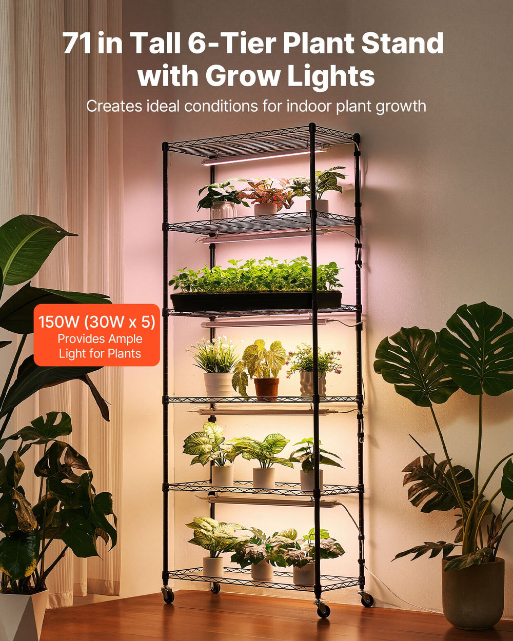 VEVOR Plant Shelf with Grow Light, 6-Tier Indoor Plant Stand, 71in Tall Plants Display Rack with Wheels & 4/9/14H Timer, 150W 3-Color Full Spectrum Grow Lights, Flower Pot Holder for Seed Starting