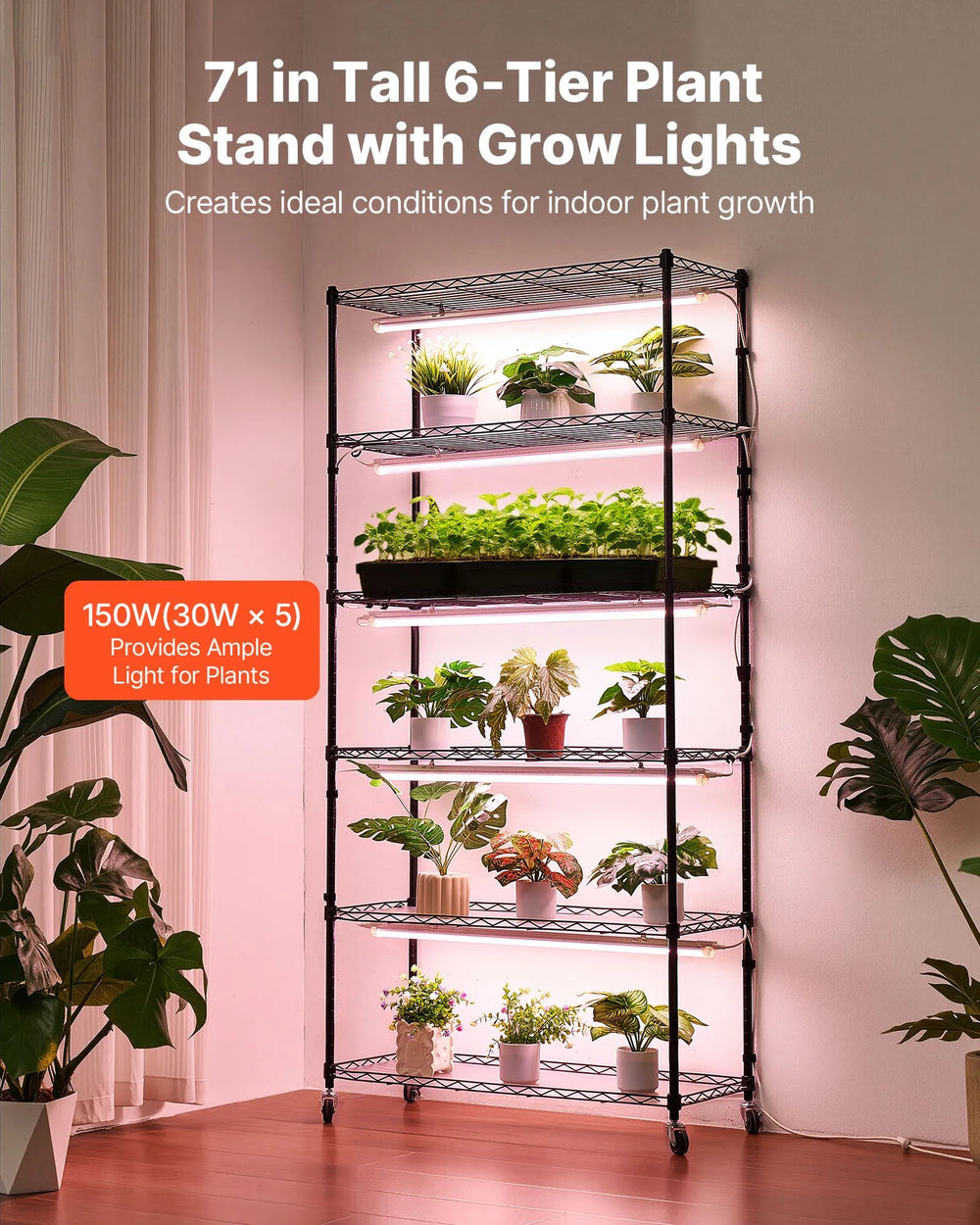 VEVOR Plant Shelf with Grow Light, 6-Tier Indoor Plant Stand, 71in Tall Indoor Plants Display Rack with Wheels & Timer, 150W 3800K Full Spectrum Grow Lights, Metal Flower Pot Holder for Seed Starting