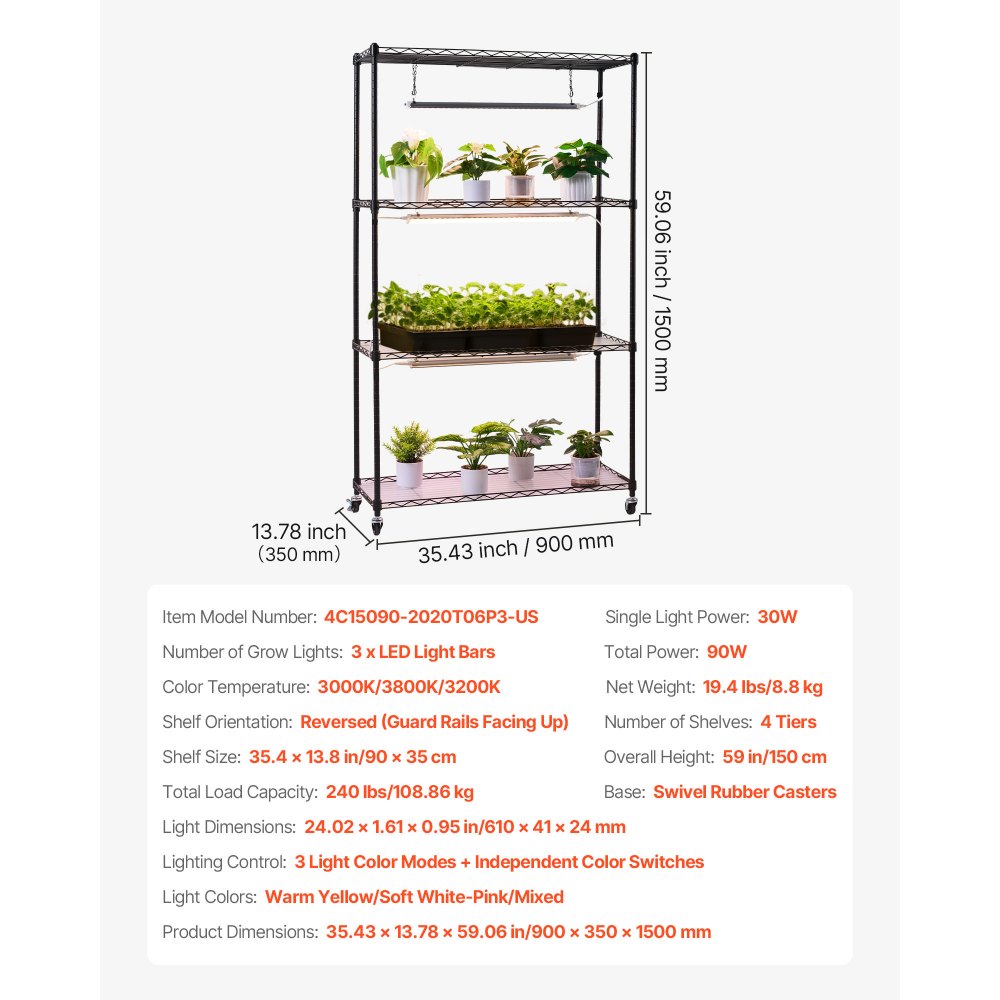 VEVOR Plant Shelf with Grow Light, 4-Tier Indoor Plant Stand, 59in Tall Plants Display Rack with Wheels, 90W 3-Color Full Spectrum Grow Lights, Heavy Duty Metal Flower Pot Holder for Seed Starting