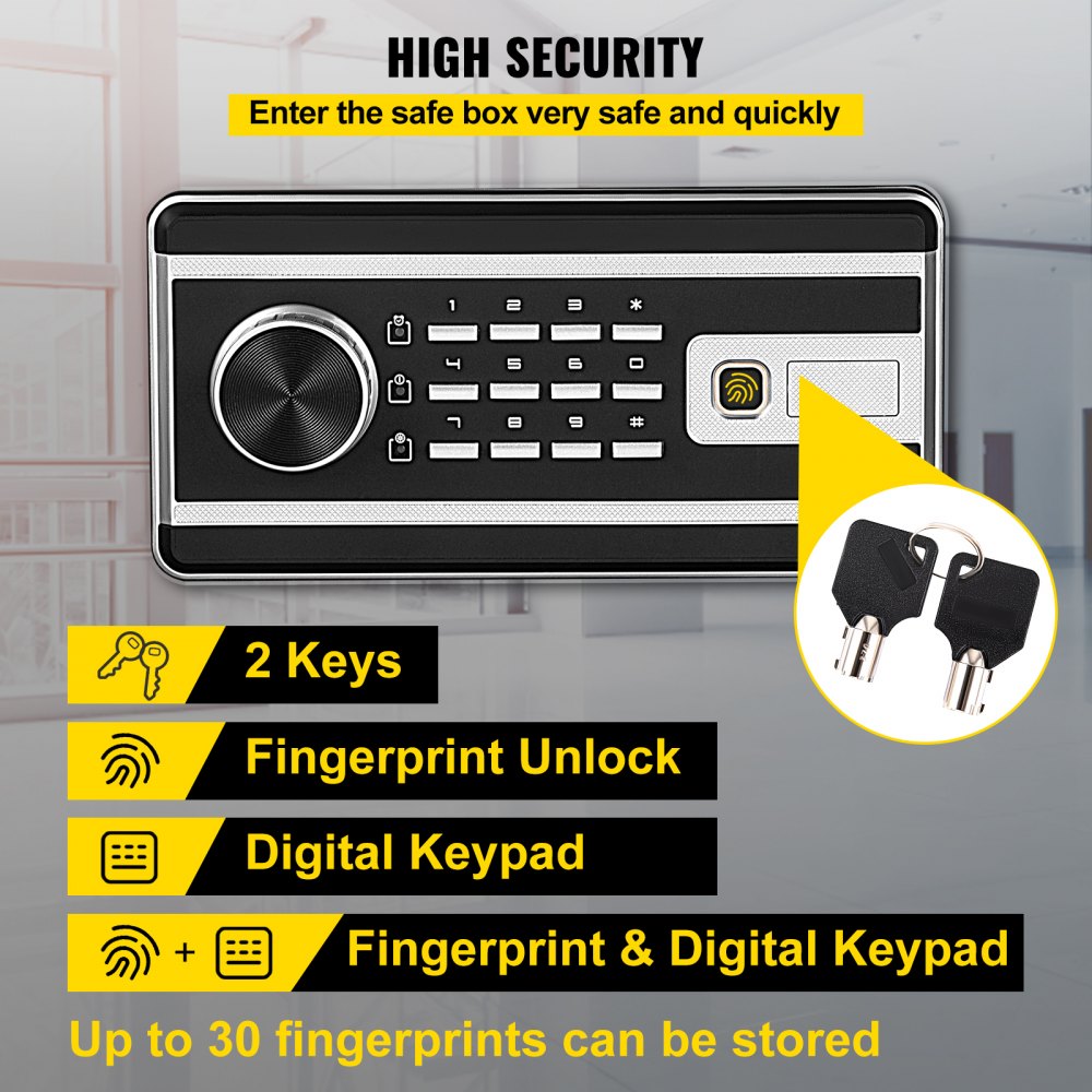 VEVOR Safe Box, 0.8 CU.FT Fingerprint Safe Box for Money with 2 Keys & Digital Keypad, Q235 Steel Safe Box for Storing Cash, Jewelry, Pistols, Documents, Watches in Home & Office & Hotel