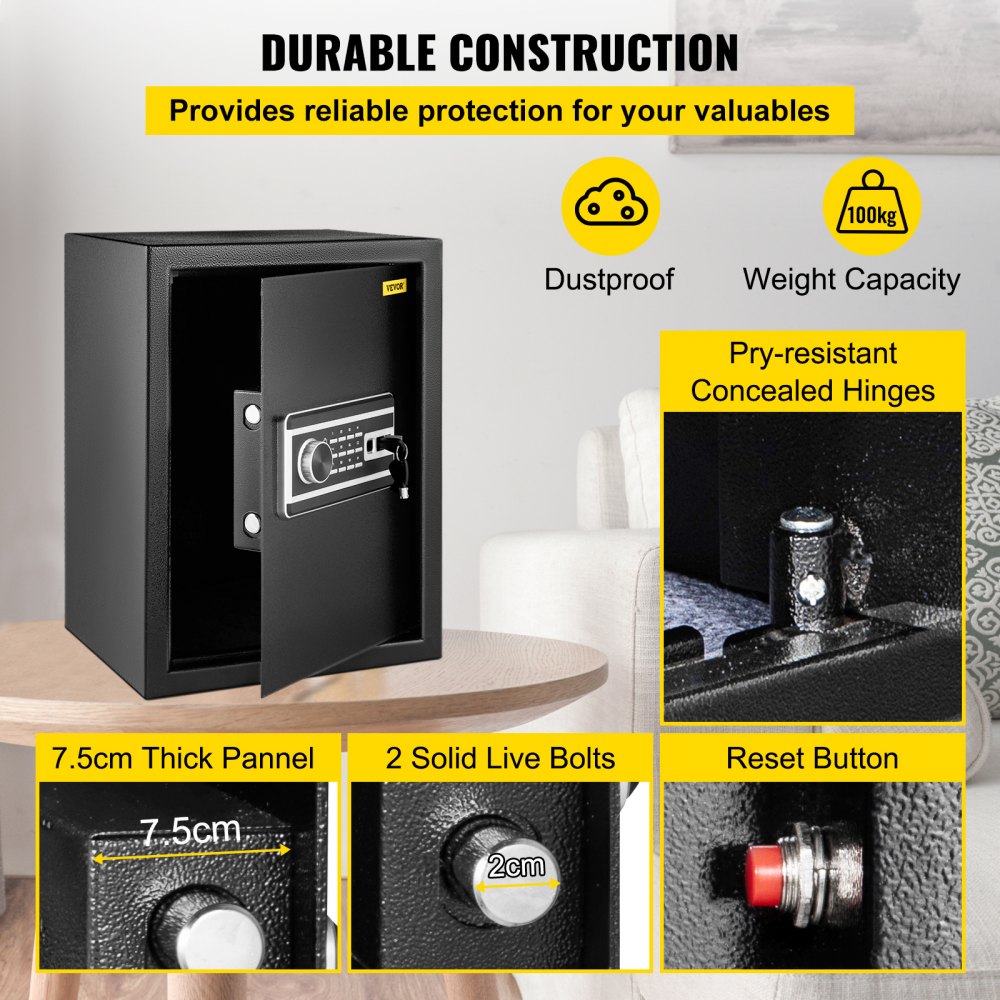 VEVOR Safe Box, 2.1 CU.FT Fingerprint Safe Box for Money with 2 Keys & Digital Keypad, Q235 Steel Safe Box for Storing Cash, Jewelry, Pistols, Documents, Watches in Home & Office & Hotel