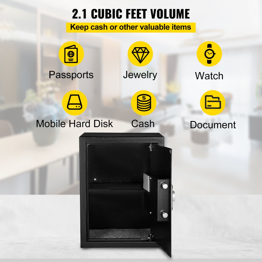 VEVOR Safe Box, 2.1 CU.FT Fingerprint Safe Box for Money with 2 Keys & Digital Keypad, Q235 Steel Safe Box for Storing Cash, Jewelry, Pistols, Documents, Watches in Home & Office & Hotel