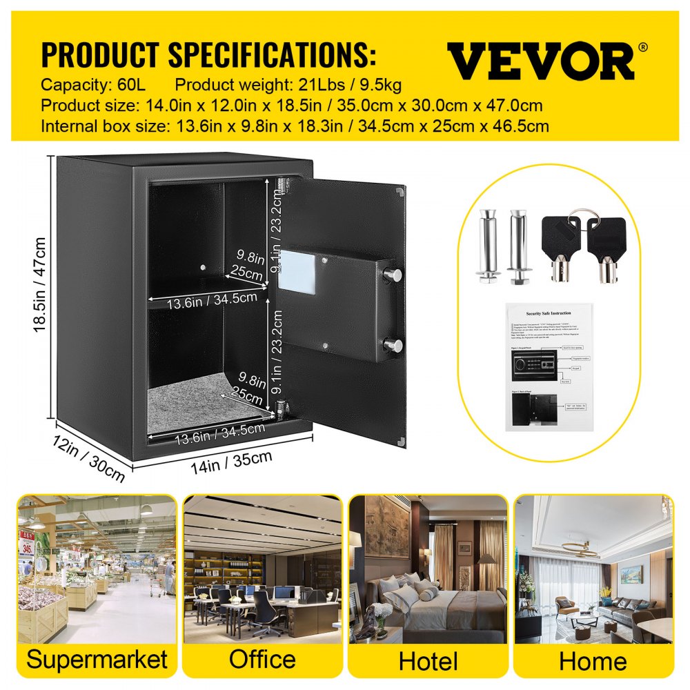 VEVOR Safe Box, 2.1 CU.FT Fingerprint Safe Box for Money with 2 Keys & Digital Keypad, Q235 Steel Safe Box for Storing Cash, Jewelry, Pistols, Documents, Watches in Home & Office & Hotel