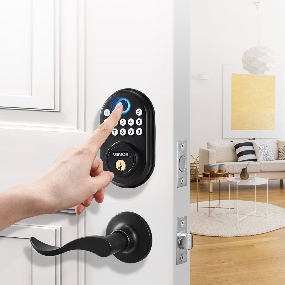 VEVOR Fingerprint Door Lock with Level Handles, Fingerprint/Keypad Code/Key, One-Time and Anti-Peeking Password, Constant Unlock Mode, Aluminum Alloy, Electronic Keypad Deadbolt for Entry Doors