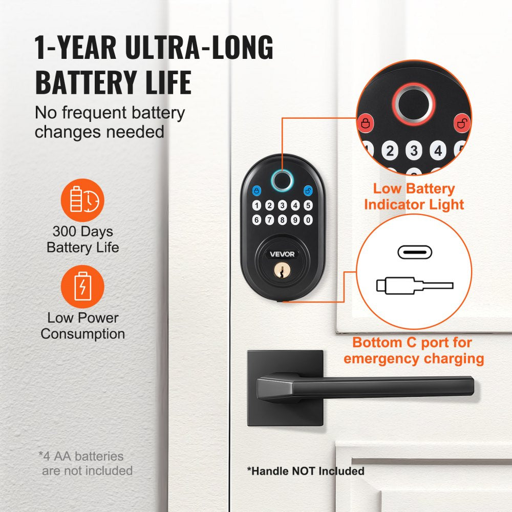VEVOR Fingerprint Door Lock, with Fingerprint/Keypad Code/Key, One-Time and Anti-Peeking Password, Silent Mode, Constant Unlock Mode, Aluminum Alloy Panel, Electronic Keypad Deadbolt for Entry Doors