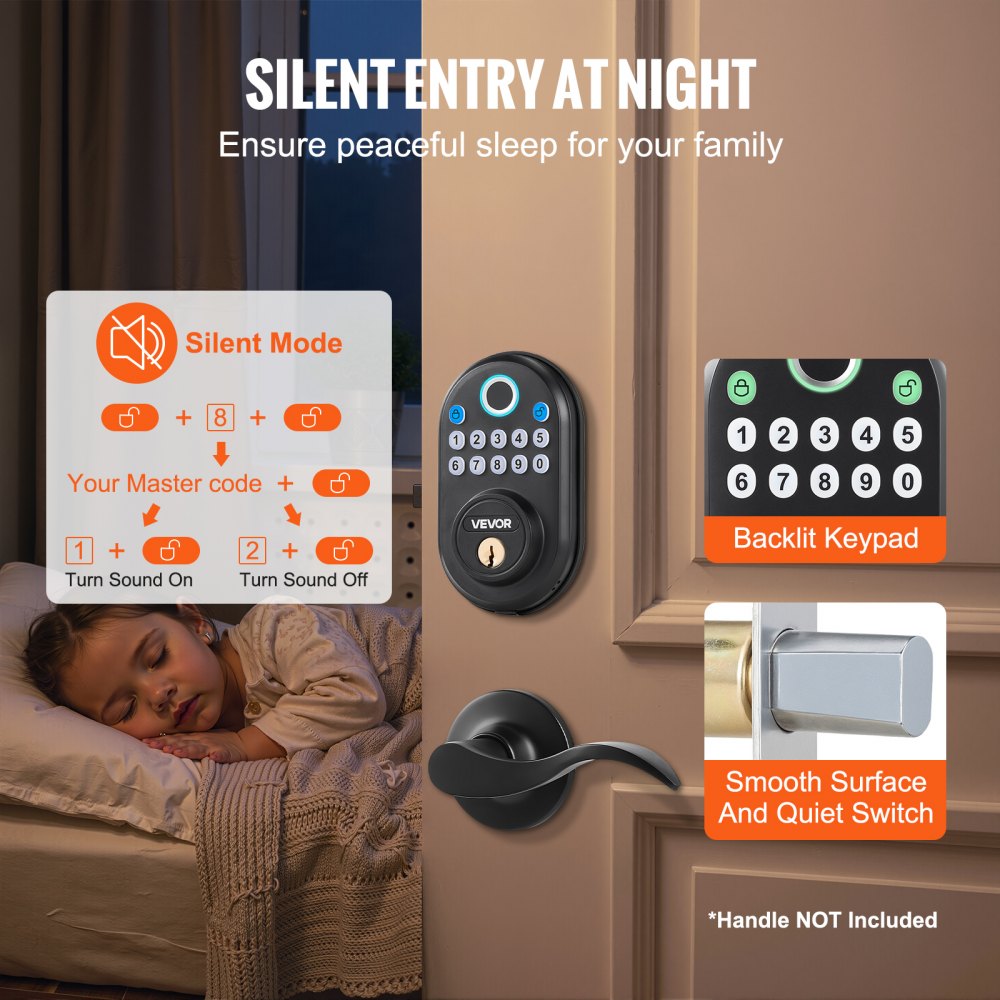 VEVOR Fingerprint Door Lock, with Fingerprint/Keypad Code/Key, One-Time and Anti-Peeking Password, Silent Mode, Constant Unlock Mode, Aluminum Alloy Panel, Electronic Keypad Deadbolt for Entry Doors