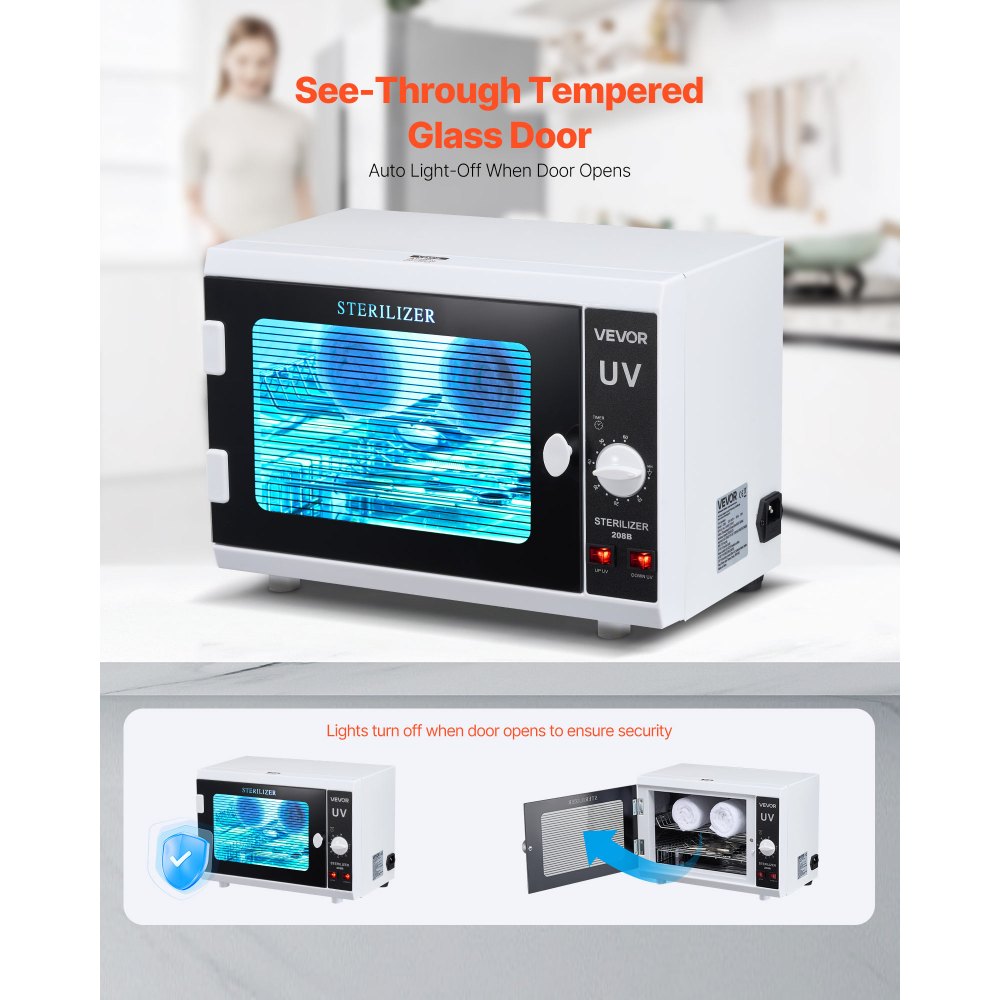 VEVOR Nail Tool Cleaning Machine, 12L Large Capacity, Knob Control, Tool Cabinet Cleaner Box with Timer Setting, Tempered Glass Door, 185nm Wavelength, for Labs, Home, Nail Salons, Beauty Salons