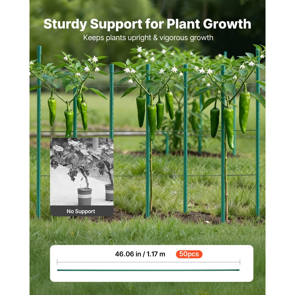 VEVOR Garden Stakes, 50 Pack, 46.06 inch, Plastic Coated Metal Tomato Stakes, Garden Sticks for Plants Support, with Pointed End and Non-Slip Bumps for Growing Climbing Plants, Outdoor Vegetables