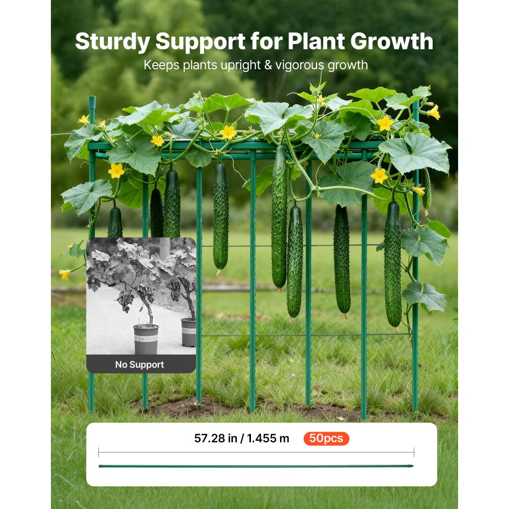 VEVOR Garden Stakes, 50 Pack, 57.28 inch, Plastic Coated Metal Tomato Stakes, Garden Sticks for Plants Support, with Pointed End and Non-Slip Bumps for Growing Climbing Plants, Outdoor Vegetables