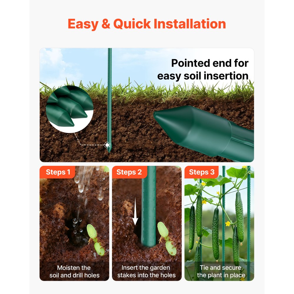VEVOR Garden Stakes, 50 Pack, 57.28 inch, Plastic Coated Metal Tomato Stakes, Garden Sticks for Plants Support, with Pointed End and Non-Slip Bumps for Growing Climbing Plants, Outdoor Vegetables