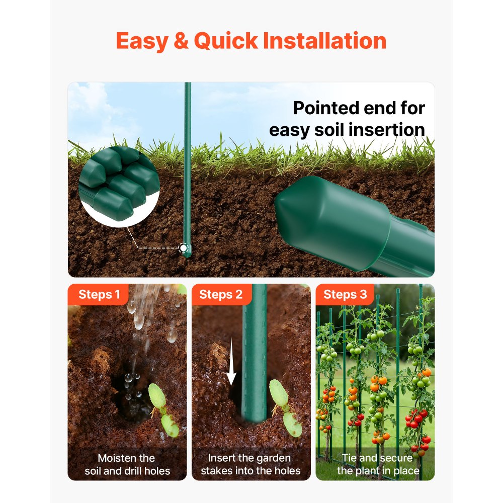 VEVOR Garden Stakes, 25 Pack, 70.87 inch, Plastic Coated Metal Tomato Stakes, Garden Sticks for Plants Support, with Pointed End and Non-Slip Bumps for Growing Climbing Plants, Outdoor Vegetables