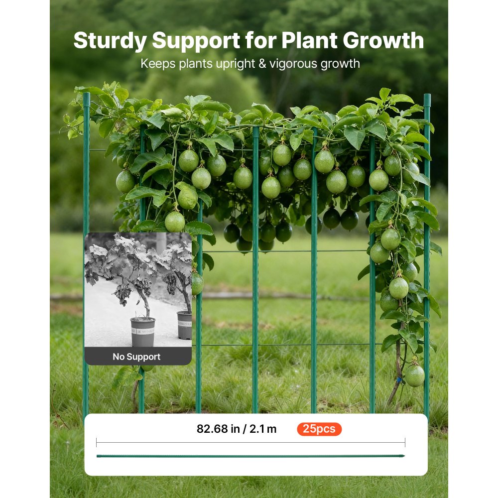VEVOR Garden Stakes, 25 Pack, 82.68 inch, Plastic Coated Metal Tomato Stakes, Garden Sticks for Plants Support, with Pointed End and Non-Slip Bumps for Growing Climbing Plants, Outdoor Vegetables