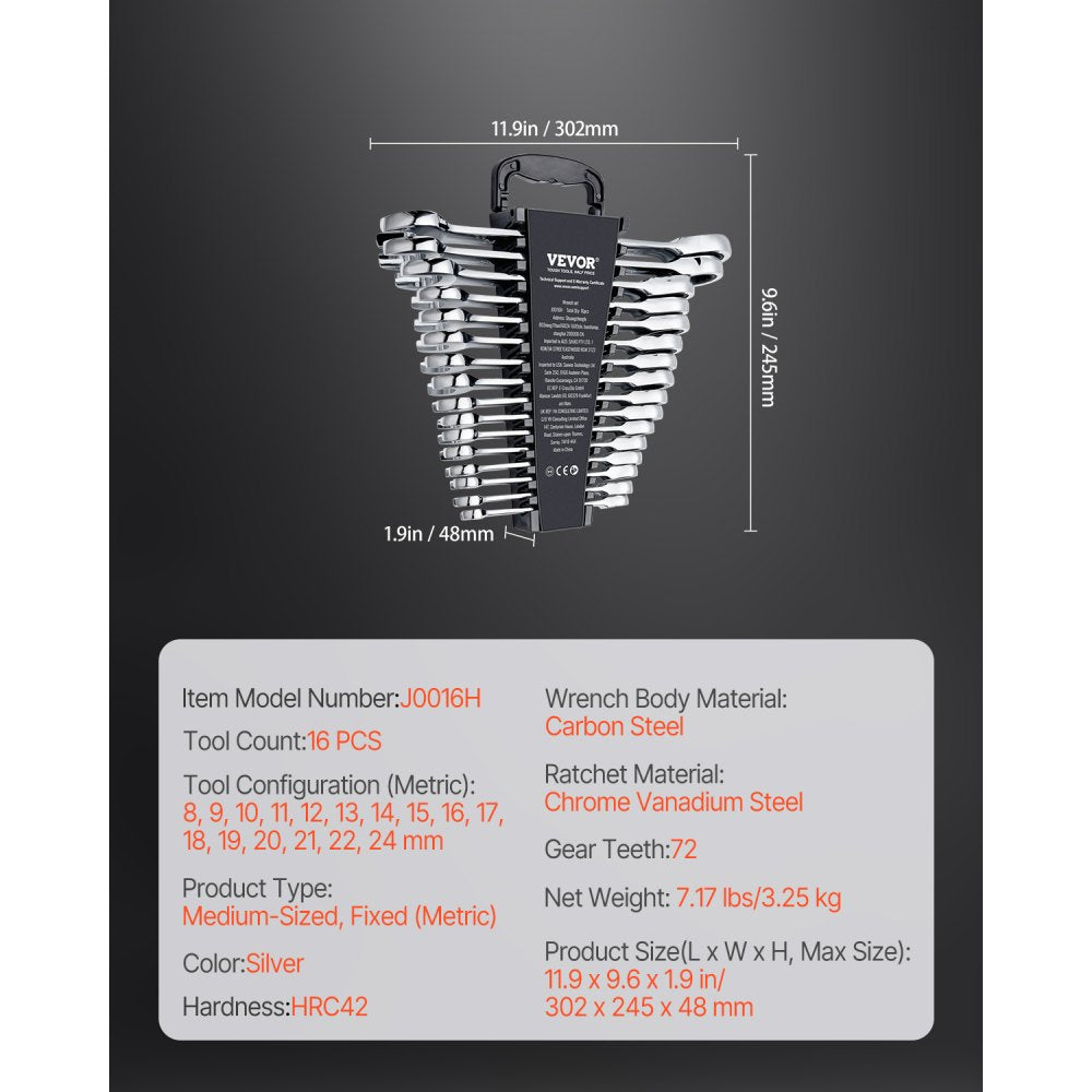 VEVOR Combination Wrench Set, 16-Piece Ratcheting Wrench Set with Organizer Rack, Cr-V Steel Wrench Set Metric 8 mm to 24 mm, Ideal for General Household, Garage, Workshop, Auto Repairs, Emergency