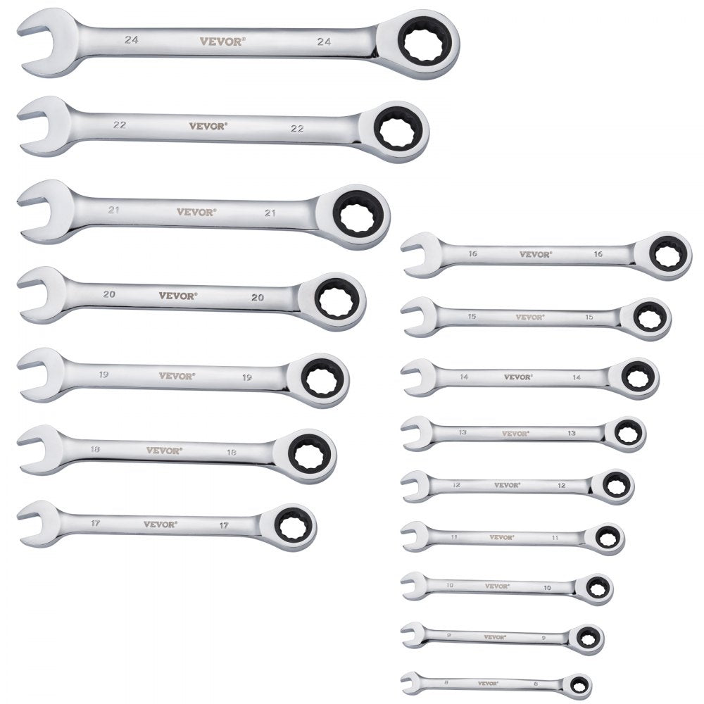 VEVOR Combination Wrench Set, 16-Piece Ratcheting Wrench Set with Organizer Rack, Cr-V Steel Wrench Set Metric 8 mm to 24 mm, Ideal for General Household, Garage, Workshop, Auto Repairs, Emergency