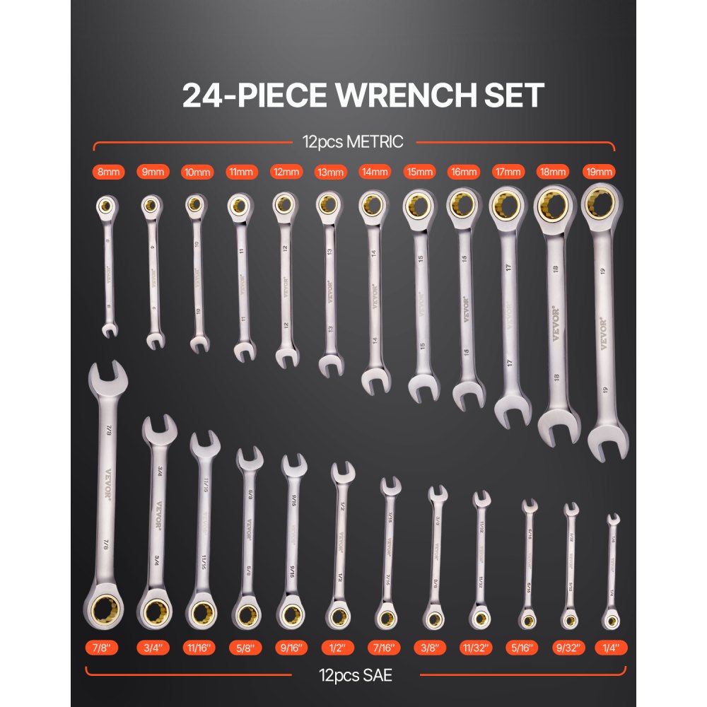 VEVOR Combination Wrench Set, 24-Piece Ratcheting Wrench Set with Organizer Rack, Cr-V Steel Wrench Set SAE 1/4" to 7/8", Metric 8 mm to 19 mm, Ideal for General Household, Auto Repairs, Emergency