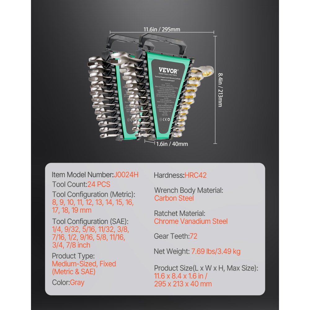 VEVOR Combination Wrench Set, 24-Piece Ratcheting Wrench Set with Organizer Rack, Cr-V Steel Wrench Set SAE 1/4" to 7/8", Metric 8 mm to 19 mm, Ideal for General Household, Auto Repairs, Emergency