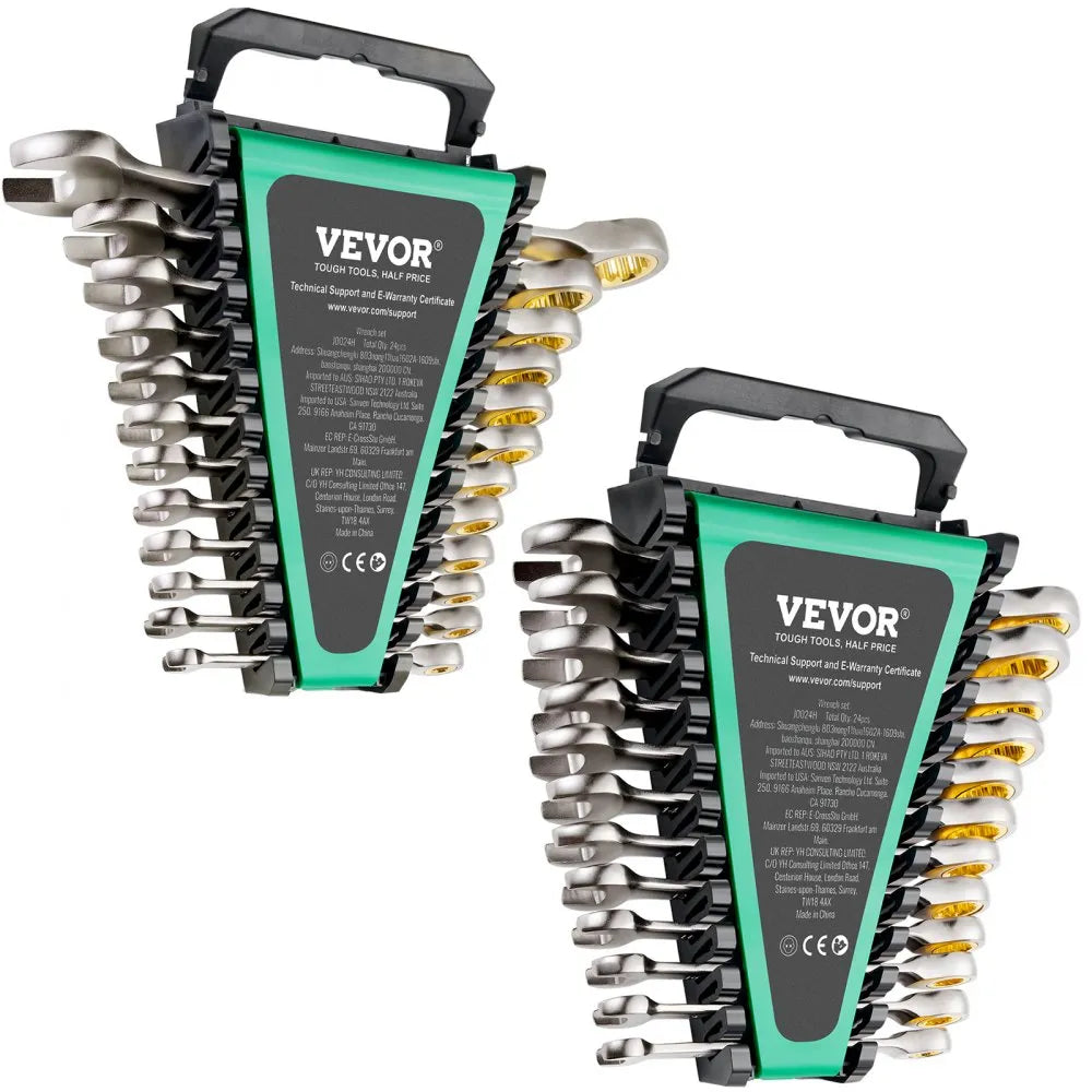 VEVOR Combination Wrench Set, 24-Piece Ratcheting Wrench Set with Organizer Rack, Cr-V Steel Wrench Set SAE 1/4" to 7/8", Metric 8 mm to 19 mm, Ideal for General Household, Auto Repairs, Emergency