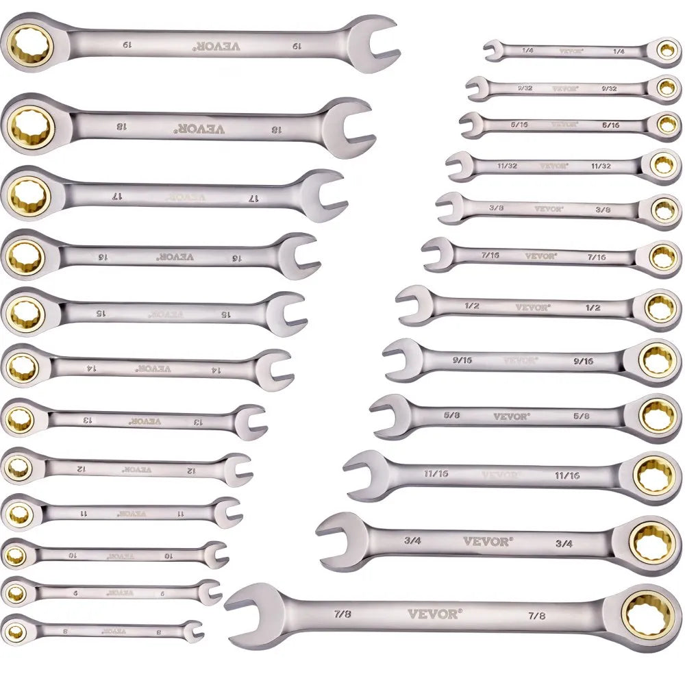 VEVOR Combination Wrench Set, 24-Piece Ratcheting Wrench Set with Organizer Rack, Cr-V Steel Wrench Set SAE 1/4" to 7/8", Metric 8 mm to 19 mm, Ideal for General Household, Auto Repairs, Emergency