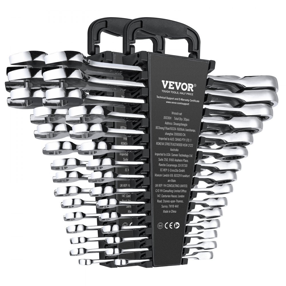 VEVOR Combination Wrench Set, 30-Piece Ratcheting Wrench Set with Organizer Rack, Cr-V Steel Wrench Set SAE 1/4" to 1", Metric 8 mm to 24 mm, Ideal for General Household, Garage, Workshop, Emergency