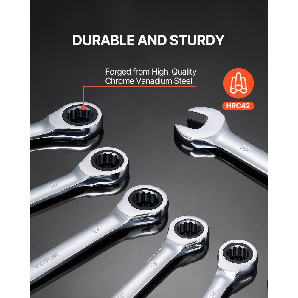 VEVOR Combination Wrench Set, 8-Piece Ratcheting Wrench Set with Organizer Rack, Cr-V Steel Wrench Set Metric 8 mm to 19 mm, Ideal for General Household, Garage, Workshop, Auto Repairs, Emergency