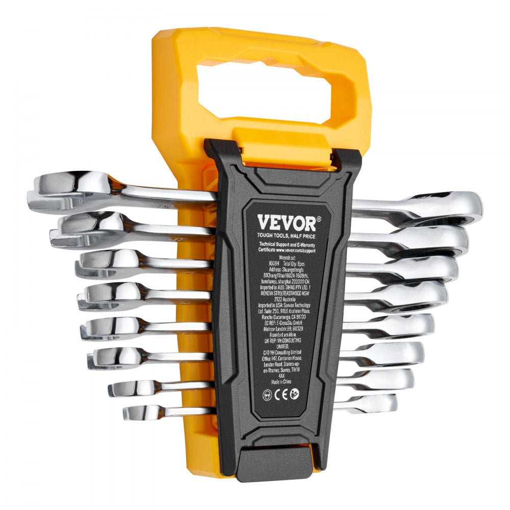 VEVOR Combination Wrench Set, 8-Piece Ratcheting Wrench Set with Organizer Rack, Cr-V Steel Wrench Set Metric 8 mm to 19 mm, Ideal for General Household, Garage, Workshop, Auto Repairs, Emergency