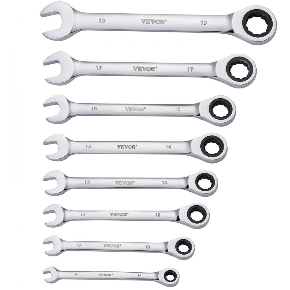VEVOR Combination Wrench Set, 8-Piece Ratcheting Wrench Set with Organizer Rack, Cr-V Steel Wrench Set Metric 8 mm to 19 mm, Ideal for General Household, Garage, Workshop, Auto Repairs, Emergency
