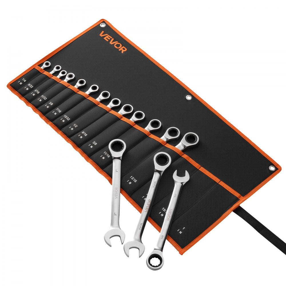 VEVOR Combination Wrench Set, 16-Piece SAE Sizes, 72 Teeth, Cr-V Steel Ratcheting Wrench Set, with Roll Up Pouch, Open End, Clear Size Labels, for General Household and Automotive Repairs, Silver