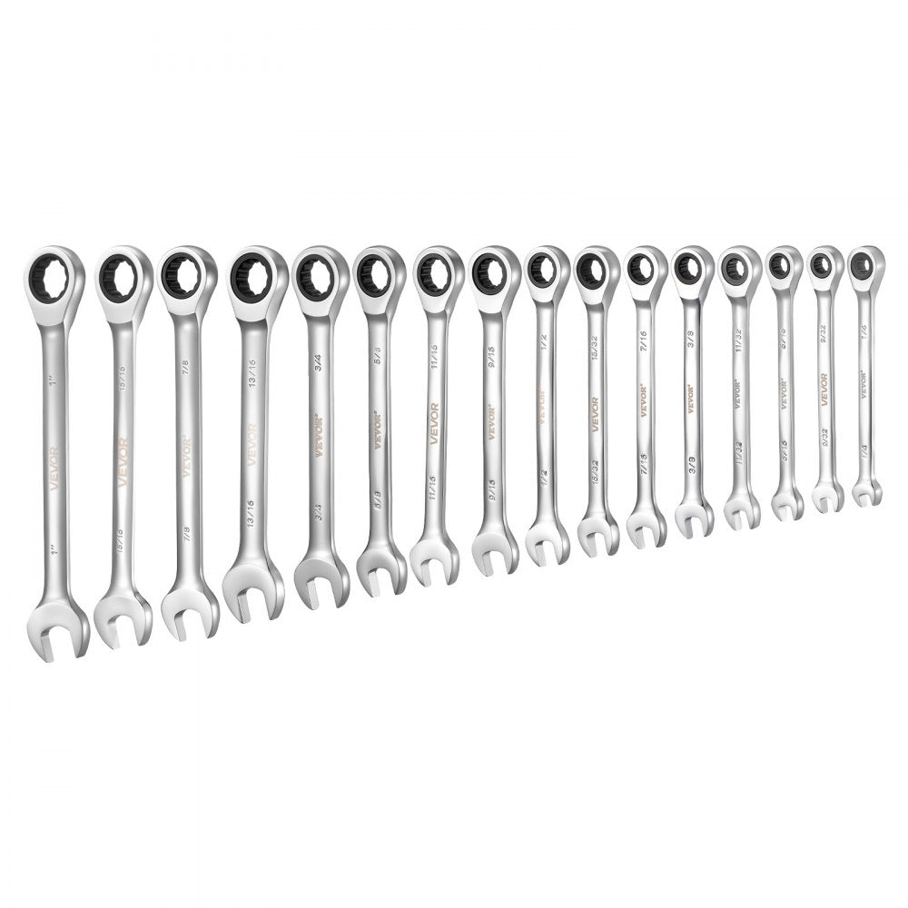 VEVOR Combination Wrench Set, 16-Piece SAE Sizes, 72 Teeth, Cr-V Steel Ratcheting Wrench Set, with Roll Up Pouch, Open End, Clear Size Labels, for General Household and Automotive Repairs, Silver