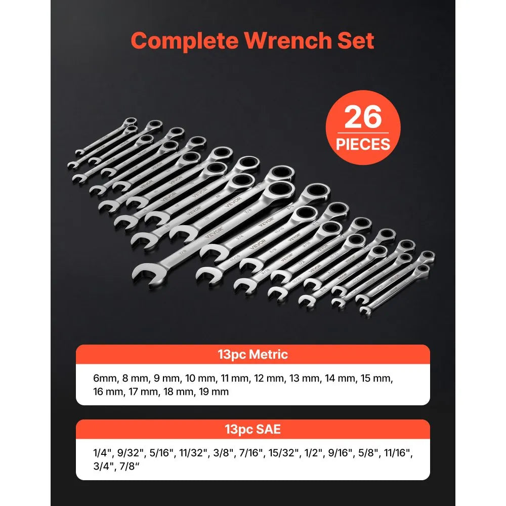 VEVOR Combination Wrench Set, 26-Piece SAE and Metric, 72 Teeth, Cr-V Steel Ratcheting Wrench Set, with Rack Organizer, Open End, Clear Size Labels, for General Household, Automotive Repairs, Silver