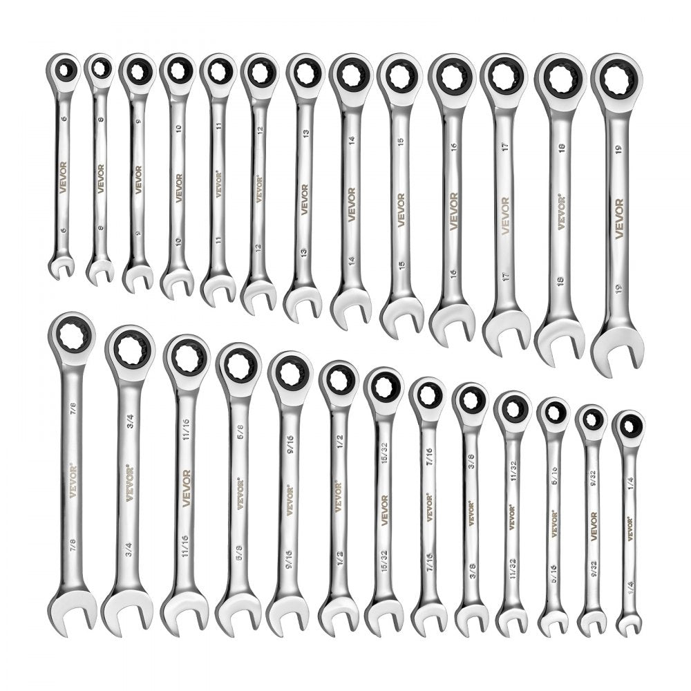 VEVOR Combination Wrench Set, 26-Piece SAE and Metric, 72 Teeth, Cr-V Steel Ratcheting Wrench Set, with Rack Organizer, Open End, Clear Size Labels, for General Household, Automotive Repairs, Silver