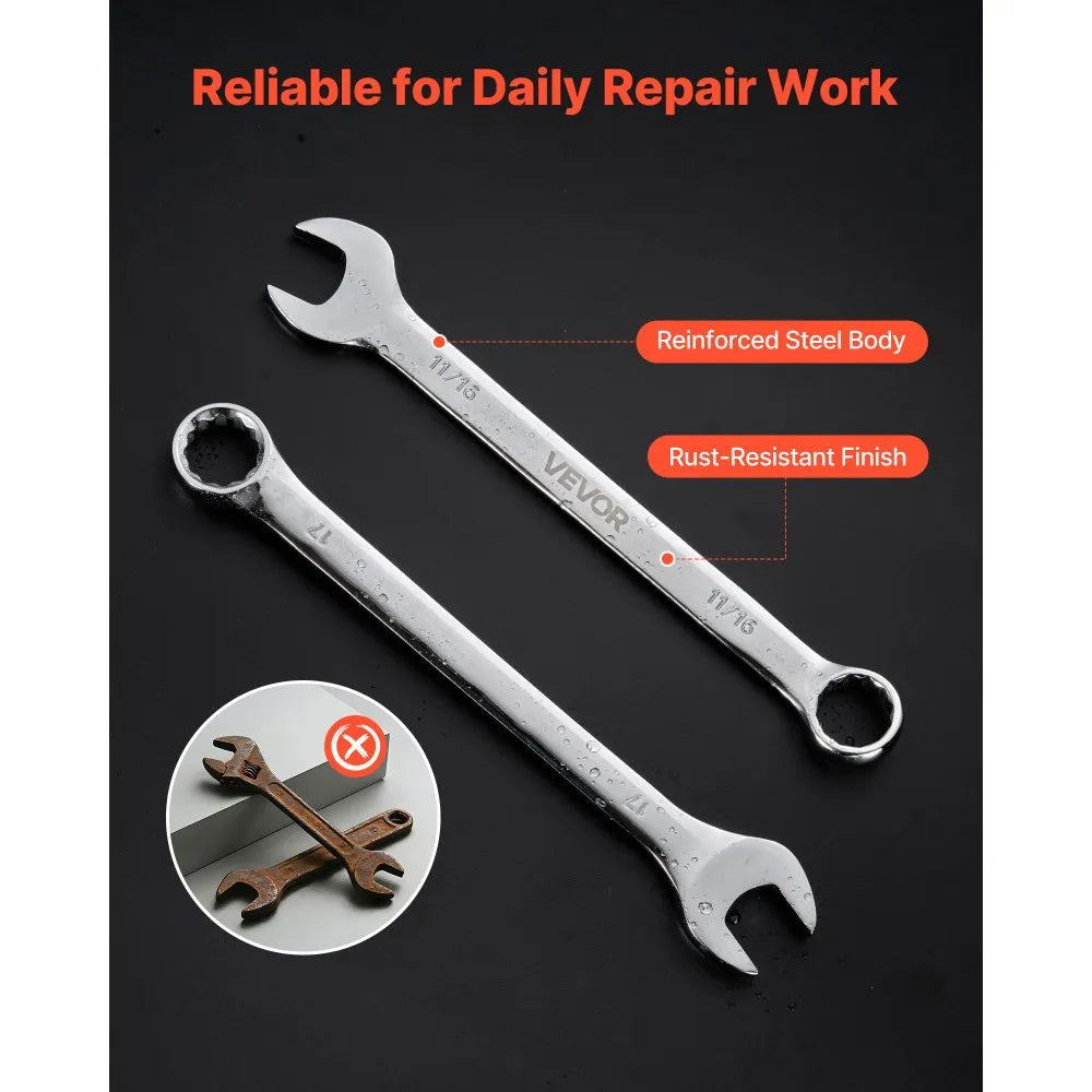 VEVOR Combination Wrench Set, 32-Piece SAE and Metric, 12-Point Box End and 15° Angled Open End Combination Wrenches with Roll Up Pouch, Carbon Steel, for General Household and Automotive Repairs