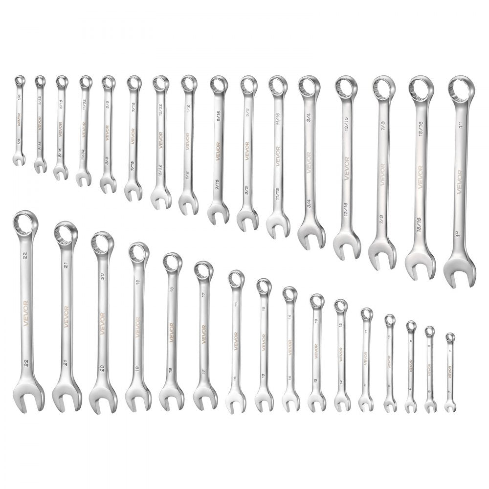 VEVOR Combination Wrench Set, 32-Piece SAE and Metric, 12-Point Box End and 15° Angled Open End Combination Wrenches with Roll Up Pouch, Carbon Steel, for General Household and Automotive Repairs