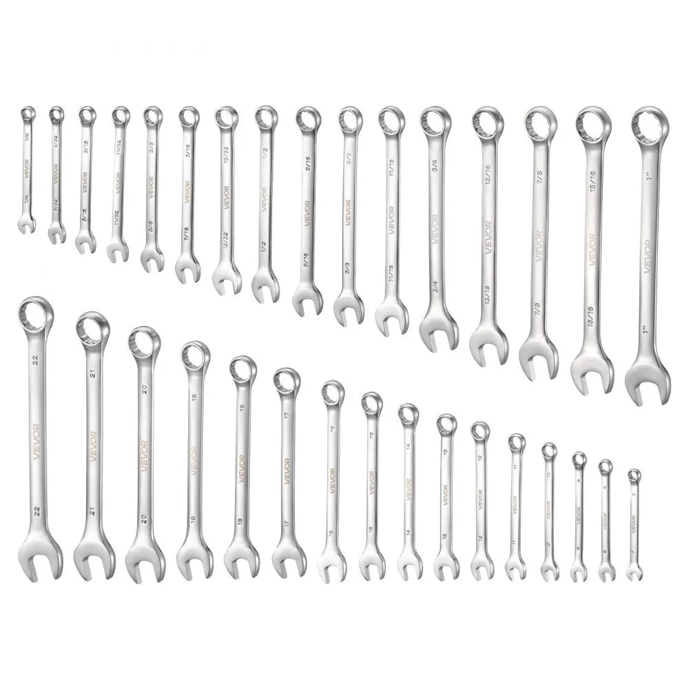 VEVOR Combination Wrench Set, 32-Piece SAE and Metric, 12-Point Box End and 15° Angled Open End Combination Wrenches with Roll Up Pouch, Carbon Steel, for General Household and Automotive Repairs