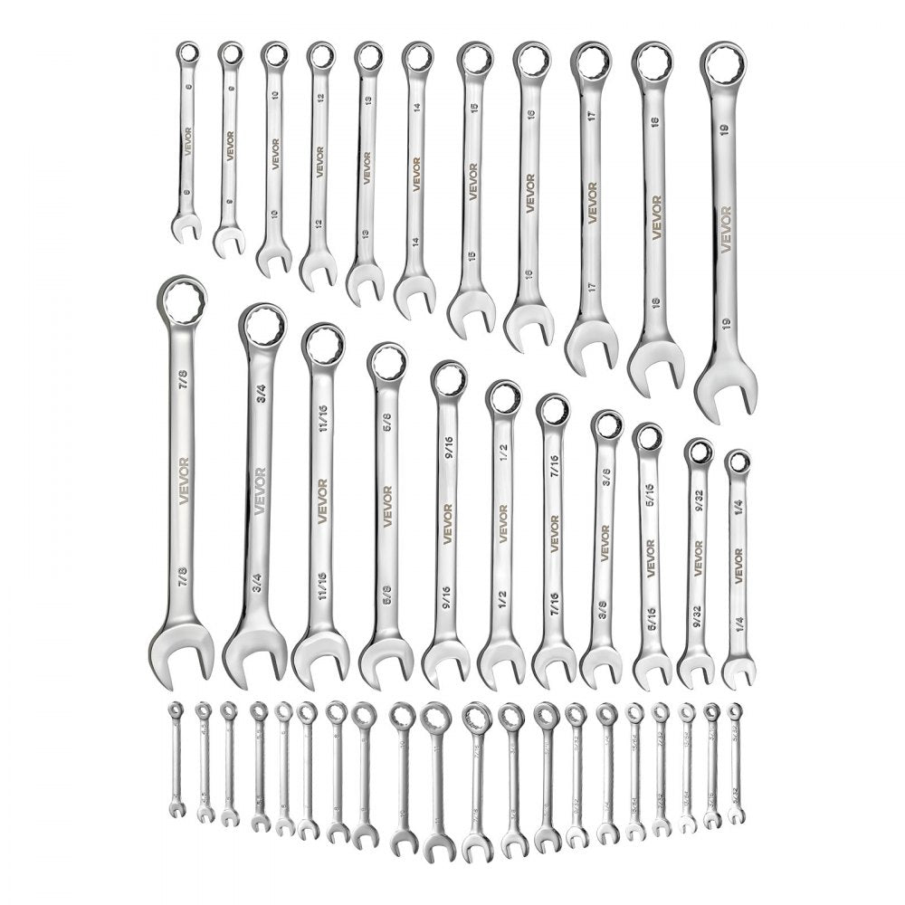 VEVOR Combination Wrench Set, 42-Piece SAE and Metric, 12-Point Box End and 15° Angled Open End Combination Wrenches with Roll Up Pouch, Carbon Steel, for General Household and Automotive Repairs