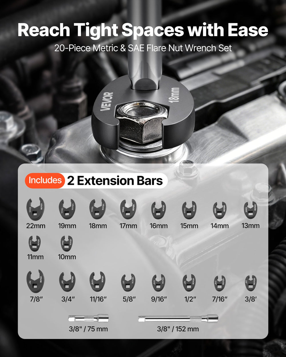 VEVOR Crowfoot Wrench Set, 3/8" Drive, 20-Piece Metric and SAE Size Flare Nut Crows Foot Wrenches, with Storage Case, Dual Size Markings on Tools and Case, for Auto Maintenance