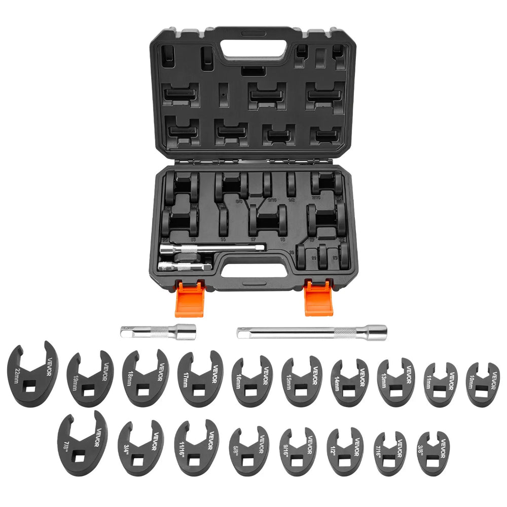 VEVOR Crowfoot Wrench Set, 3/8" Drive, 20-Piece Metric and SAE Size Flare Nut Crows Foot Wrenches, with Storage Case, Dual Size Markings on Tools and Case, for Auto Maintenance