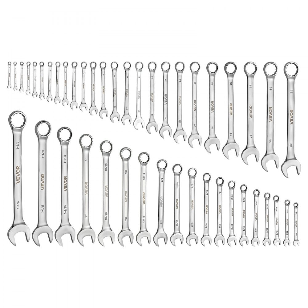 VEVOR Combination Wrench Set, 44-Piece SAE and Metric, 12-Point Box End and 15° Angled Open End Combination Wrenches with Roll Up Pouch, Carbon Steel, for General Household and Automotive Repairs