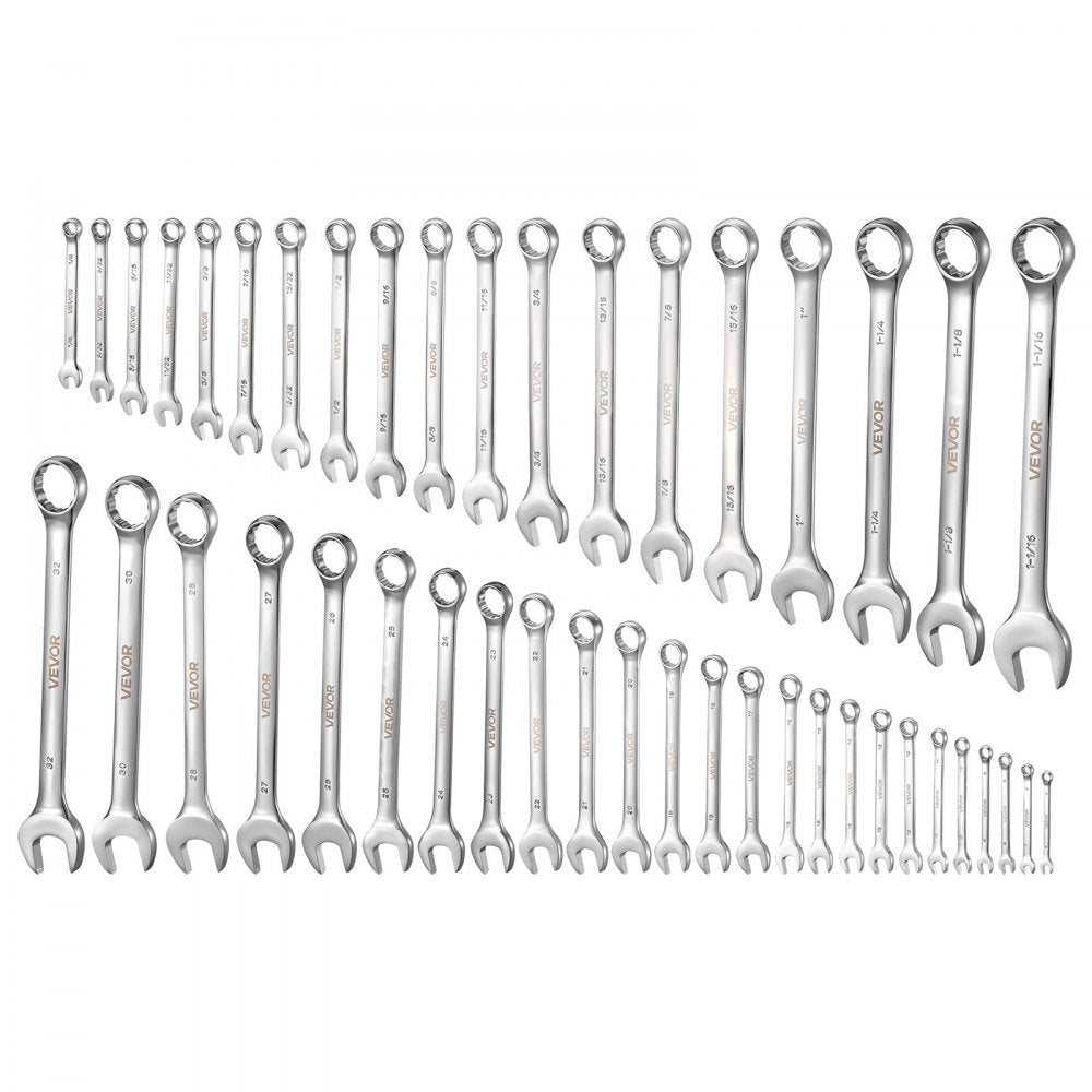 VEVOR Combination Wrench Set, 44-Piece SAE and Metric, 12-Point Box End and 15° Angled Open End Combination Wrenches with Roll Up Pouch, Carbon Steel, for General Household and Automotive Repairs
