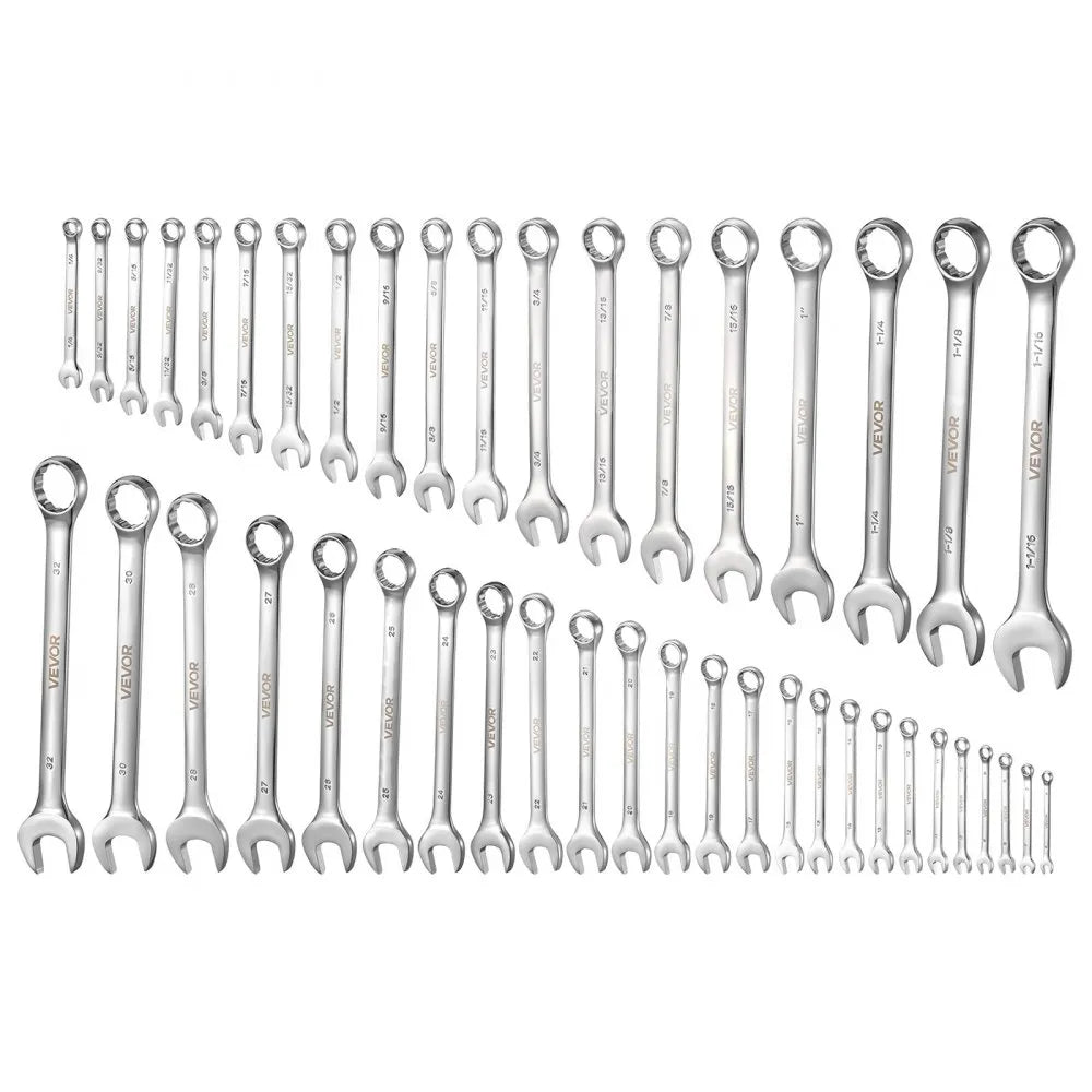 VEVOR Combination Wrench Set, 44-Piece SAE and Metric, 12-Point Box End and 15° Angled Open End Combination Wrenches with Roll Up Pouch, Carbon Steel, for General Household and Automotive Repairs