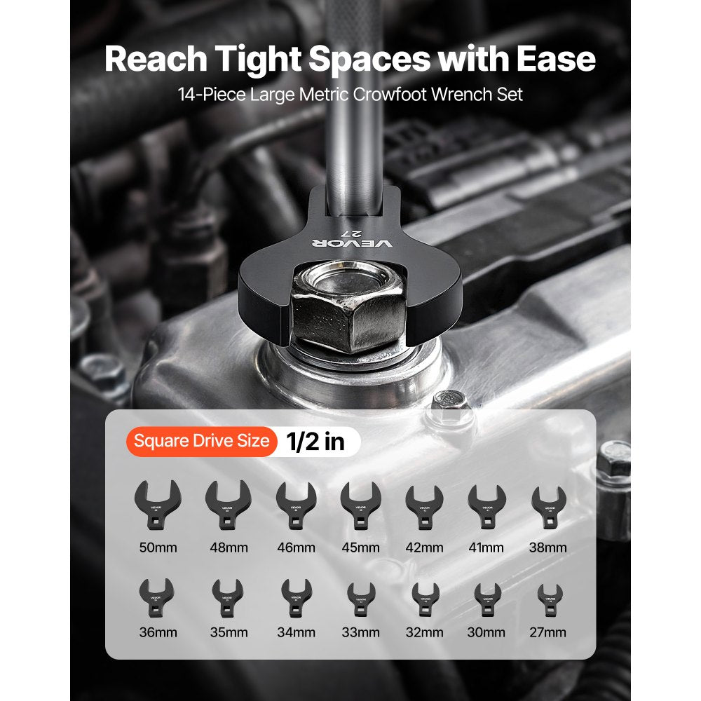 VEVOR Crowfoot Wrench Set, 1/2" Drive, 14-Piece Metric 27 to 50 mm Crows Foot Wrenches, with Storage Tray, Dual Size Markings on Tools and Tray, for Auto Maintenance or Repairs