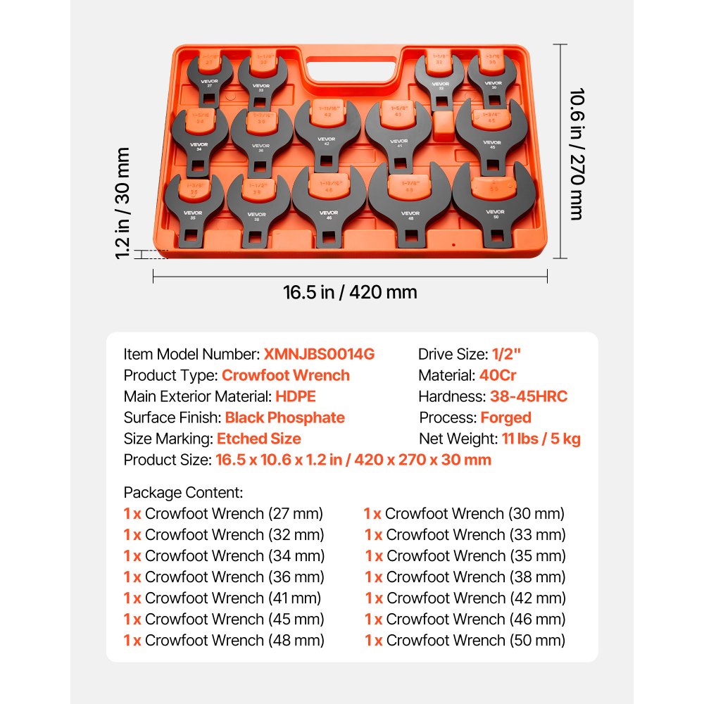 VEVOR Crowfoot Wrench Set, 1/2" Drive, 14-Piece Metric 27 to 50 mm Crows Foot Wrenches, with Storage Tray, Dual Size Markings on Tools and Tray, for Auto Maintenance or Repairs