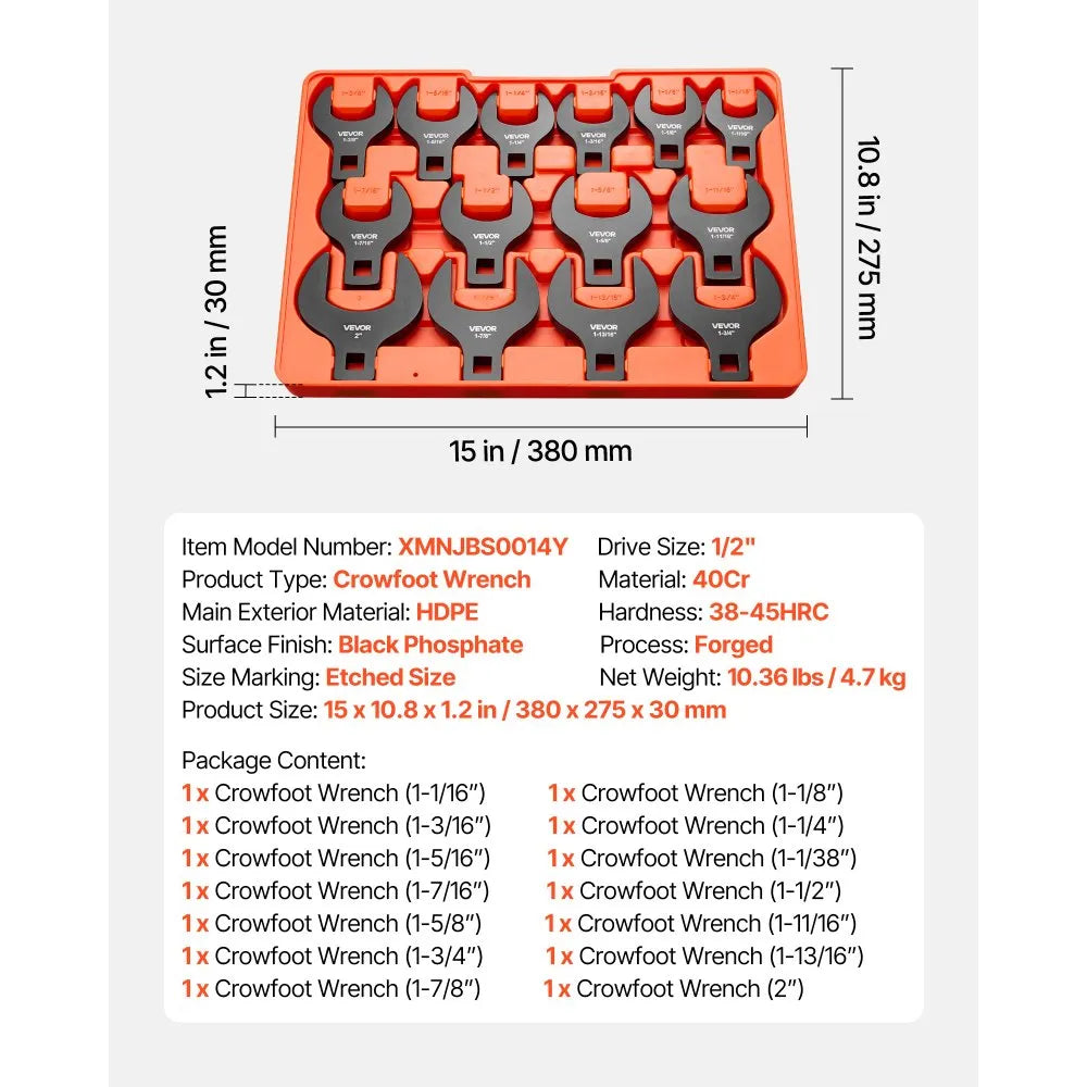 VEVOR Crowfoot Wrench Set, 1/2" Drive, 14-Piece SAE 1-1/16" to 2" Crows Foot Wrenches, with Storage Tray, Dual Size Markings on Tools and Tray, for Auto Maintenance or Repairs