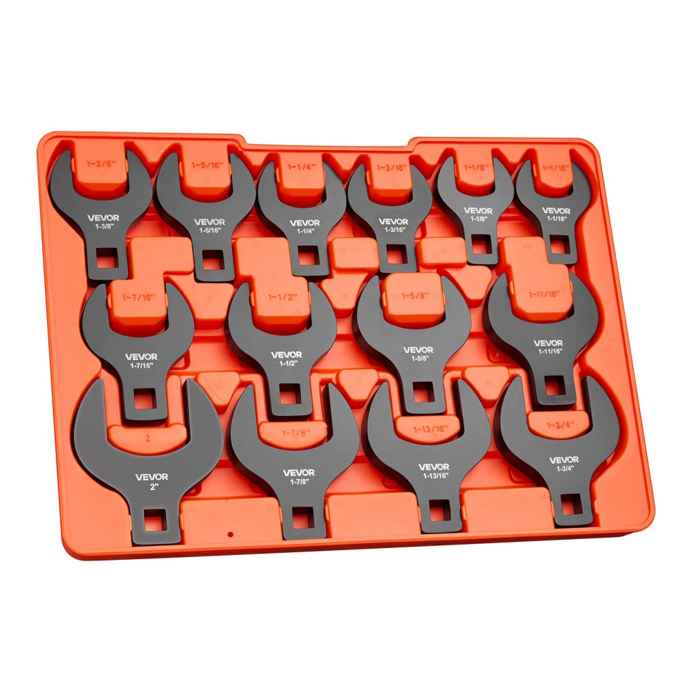 VEVOR Crowfoot Wrench Set, 1/2" Drive, 14-Piece SAE 1-1/16" to 2" Crows Foot Wrenches, with Storage Tray, Dual Size Markings on Tools and Tray, for Auto Maintenance or Repairs