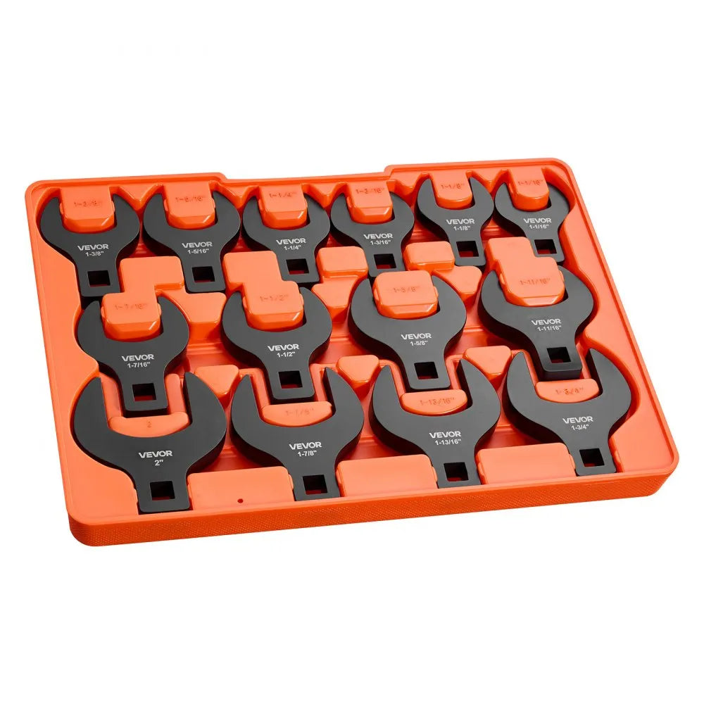 VEVOR Crowfoot Wrench Set, 1/2" Drive, 14-Piece SAE 1-1/16" to 2" Crows Foot Wrenches, with Storage Tray, Dual Size Markings on Tools and Tray, for Auto Maintenance or Repairs