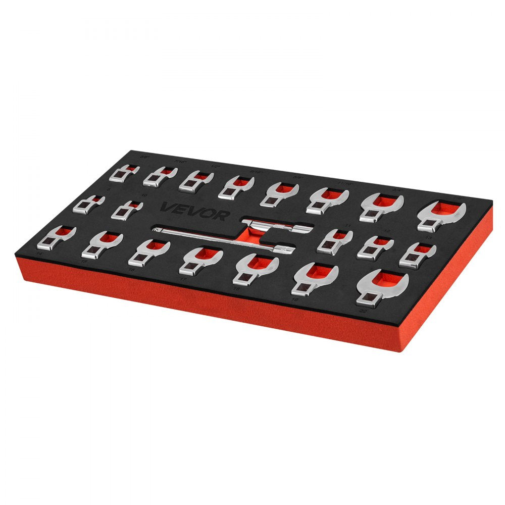 VEVOR Crowfoot Wrench Set, 3/8" Drive, 22-Piece Metric and SAE Size Crows Foot Wrenches, Cr-Mo Alloy Steel, with Storage Tray, Dual Size Markings on Tools and Tray, for Auto Maintenance or Repairs